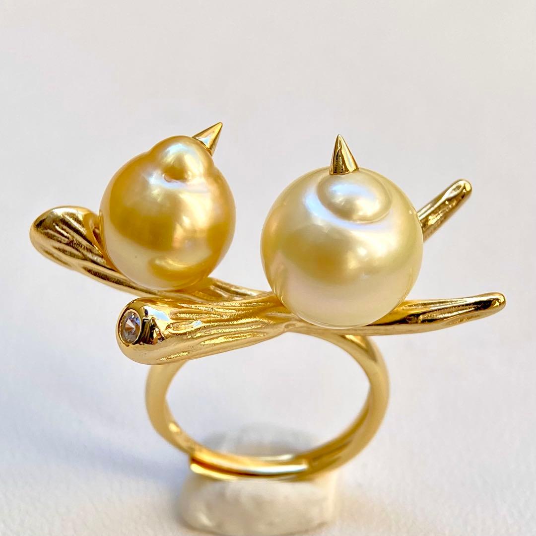 本真珠南洋白蝶真珠シャンパンとゴールド「鳥と枝」s925リングY1044