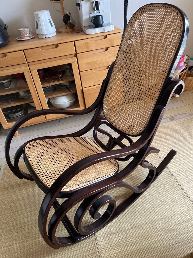 ロッキングチェア　揺椅子　木製フレーム × 籐ラタンパネル 椅子 イス