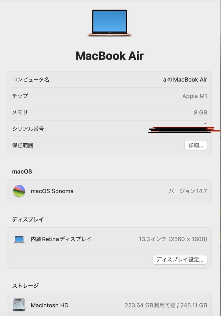 MacBook Air M1 13インチ （2021年）8GB/256GB