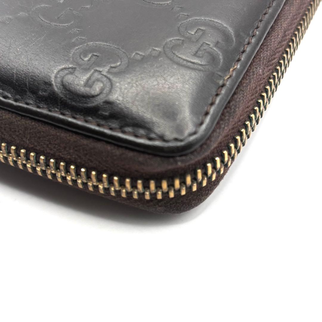 グッチ ケース シマ レザー ラウンドファスナー ブラウン コンパクト