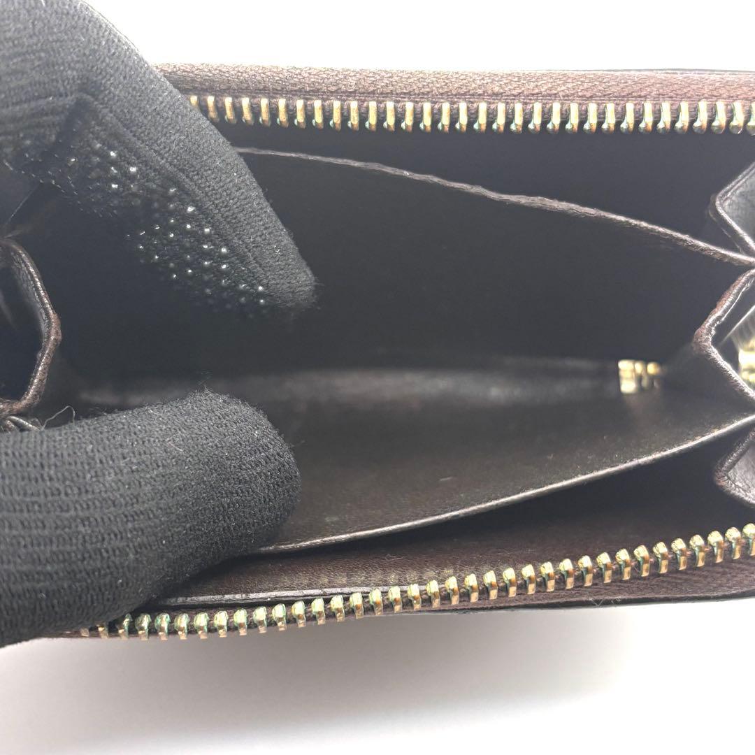 グッチ ケース シマ レザー ラウンドファスナー ブラウン コンパクト