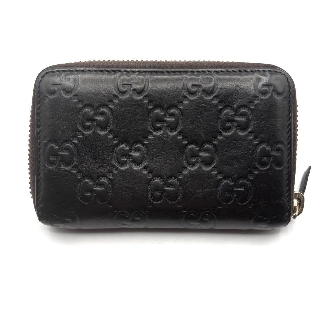 グッチ ケース シマ レザー ラウンドファスナー ブラウン コンパクト