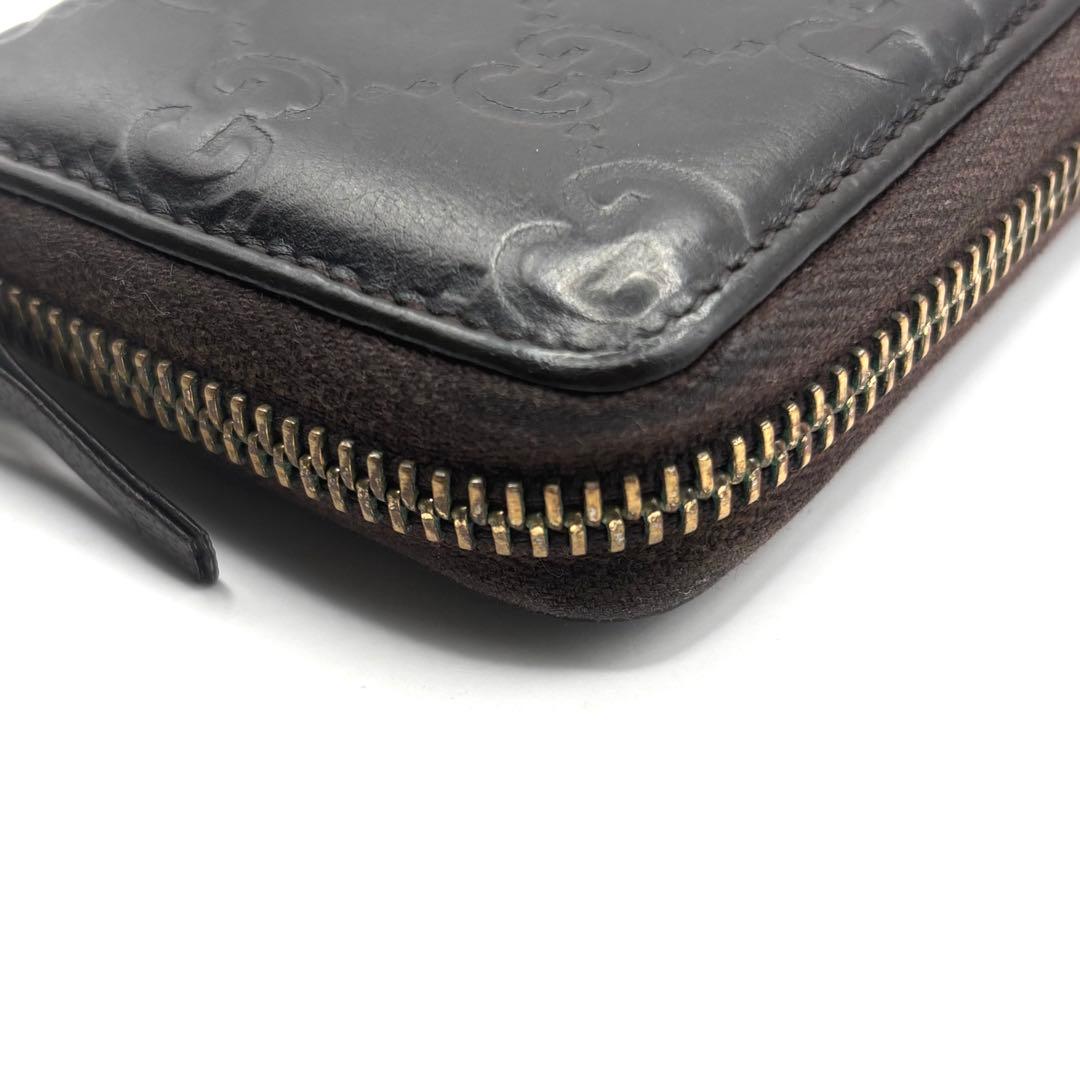グッチ ケース シマ レザー ラウンドファスナー ブラウン コンパクト