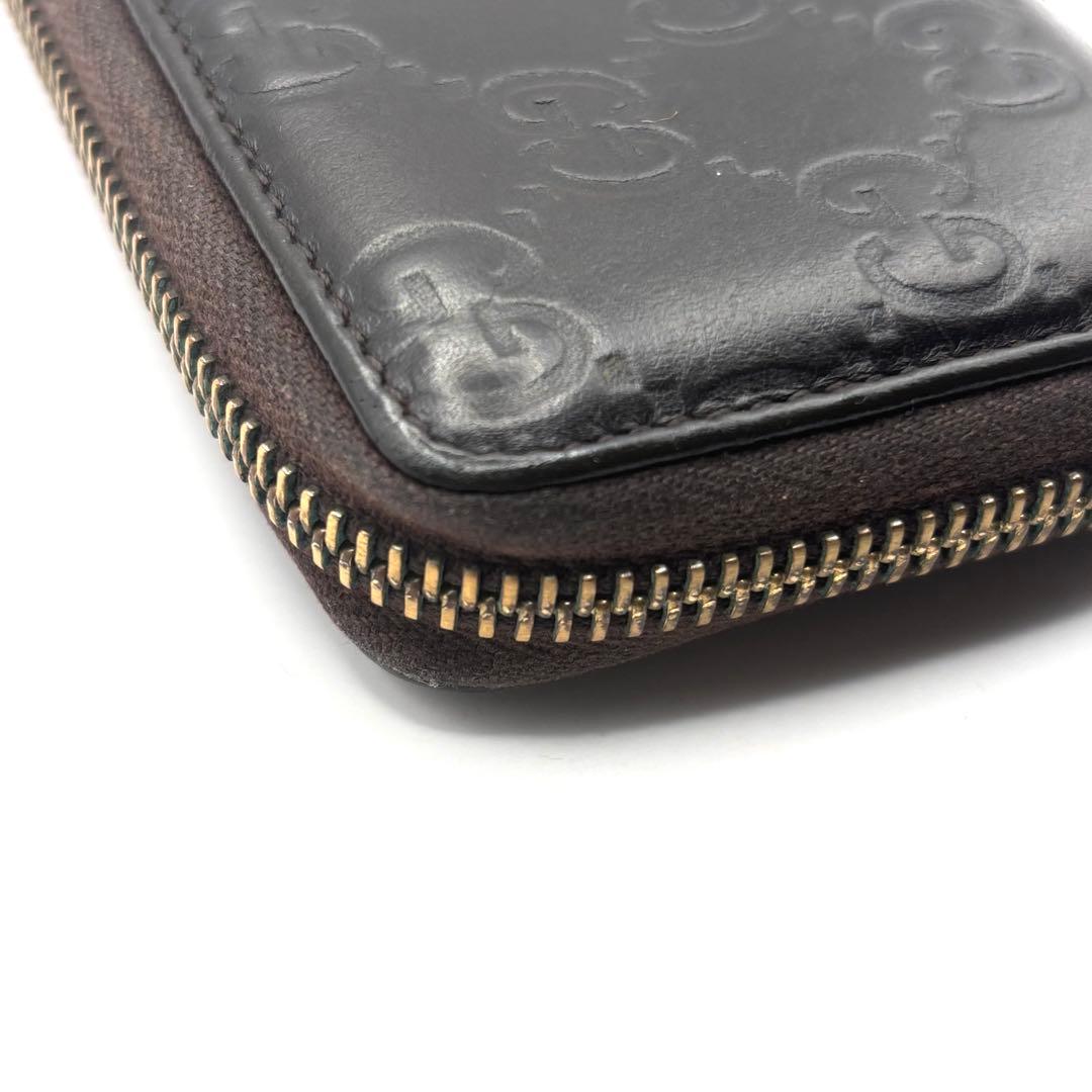 グッチ ケース シマ レザー ラウンドファスナー ブラウン コンパクト