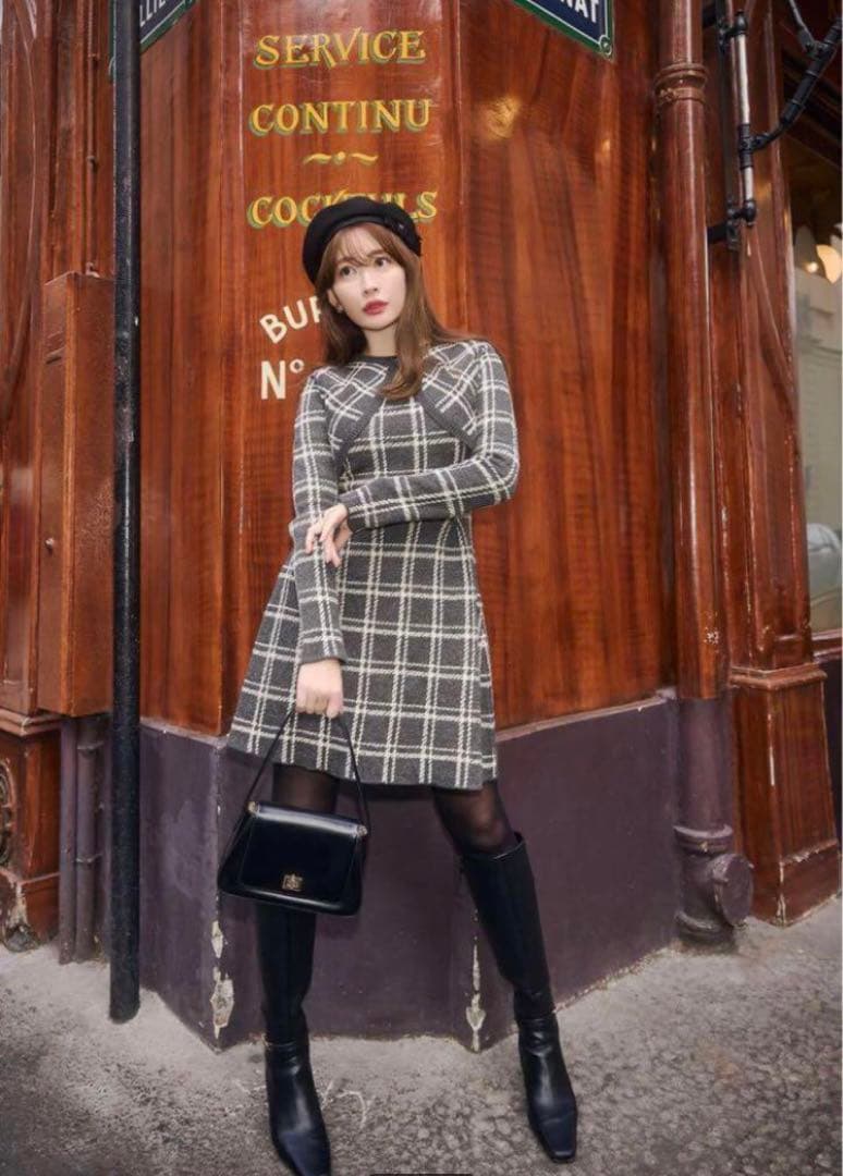 Herlipto Pantheon Checked Knit Dress グレー