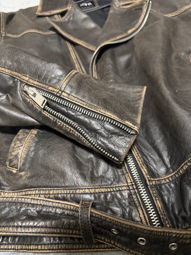 ZARA ダークブラウン レザーライダースジャケット