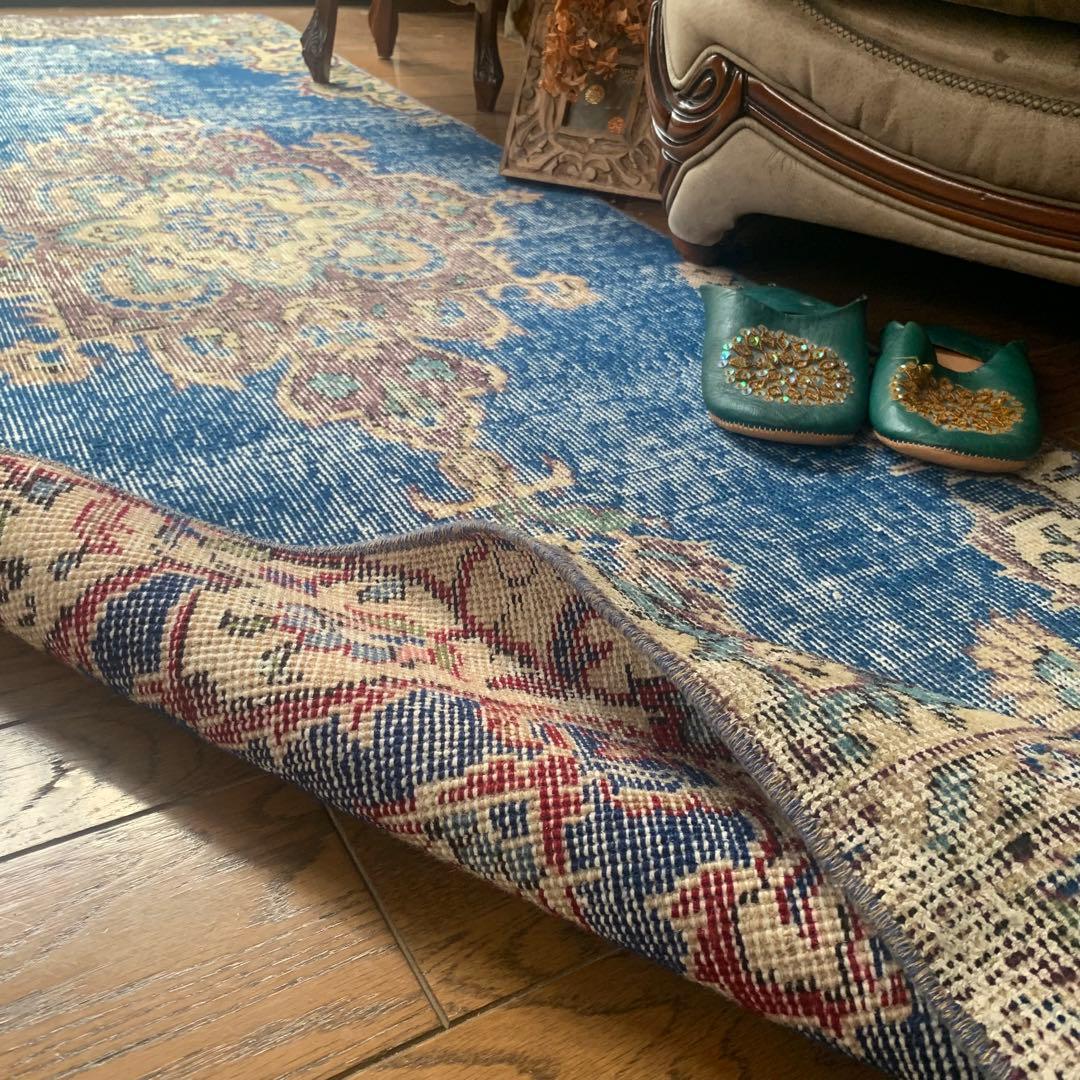 トルコヴィンテージラグ　ロングランナー　220×72.5 ネイビーブルー