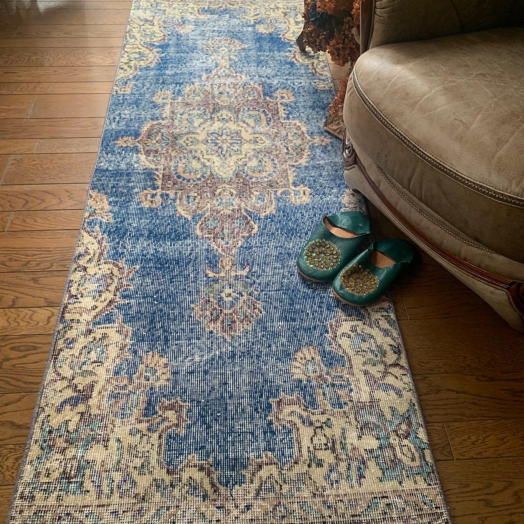 トルコヴィンテージラグ　ロングランナー　220×72.5 ネイビーブルー