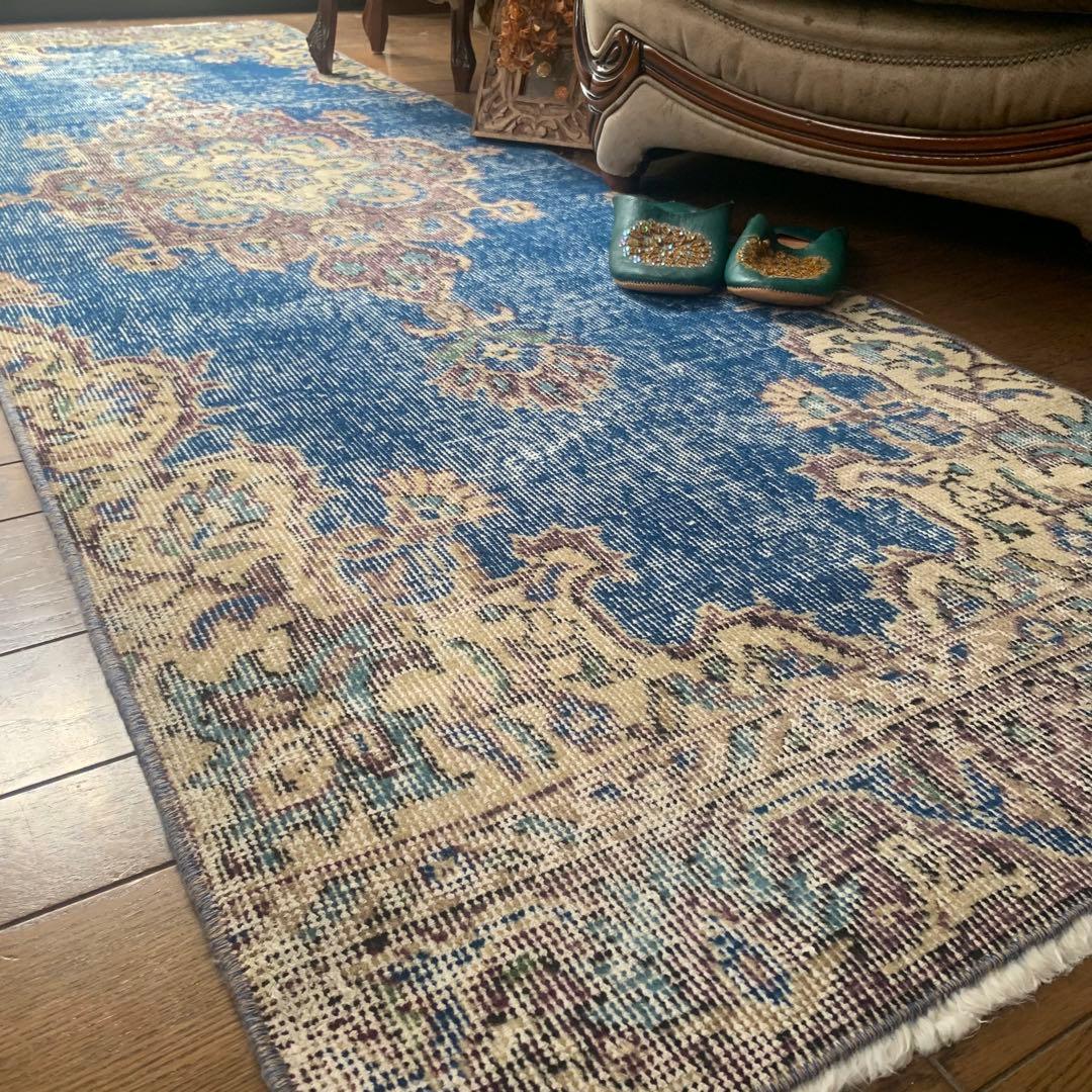 トルコヴィンテージラグ　ロングランナー　220×72.5 ネイビーブルー