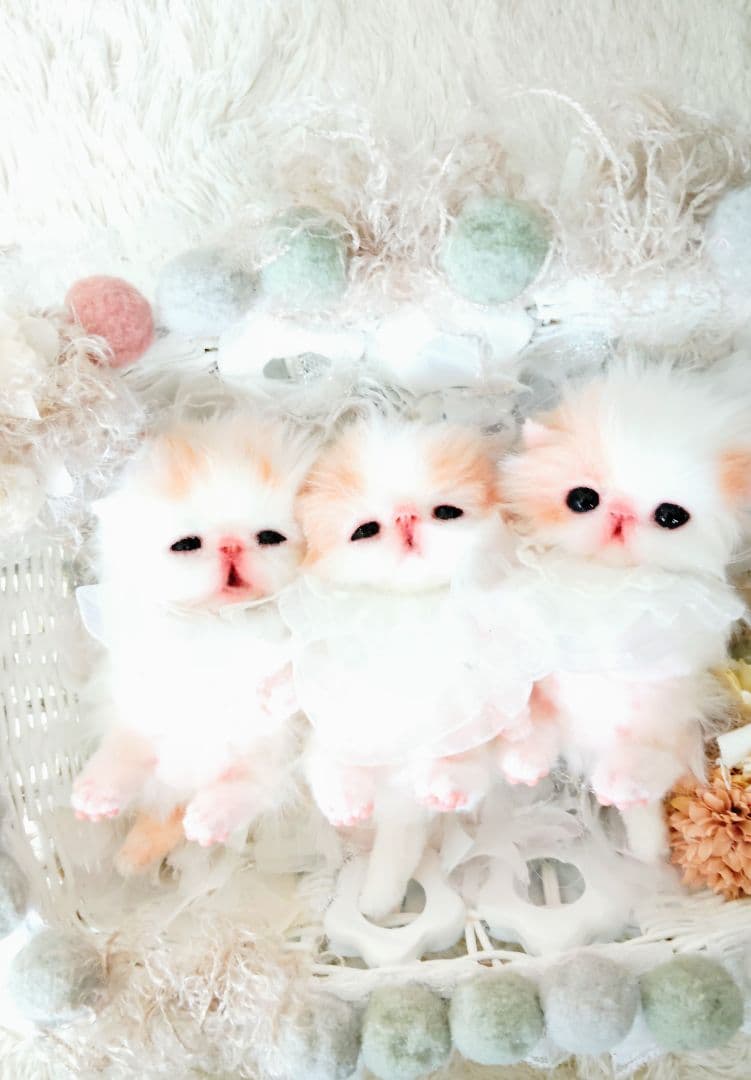 子猫ベビー♡三つ子ちゃん♡カゴセット♡アートドール♡ぬいぐるみ♡