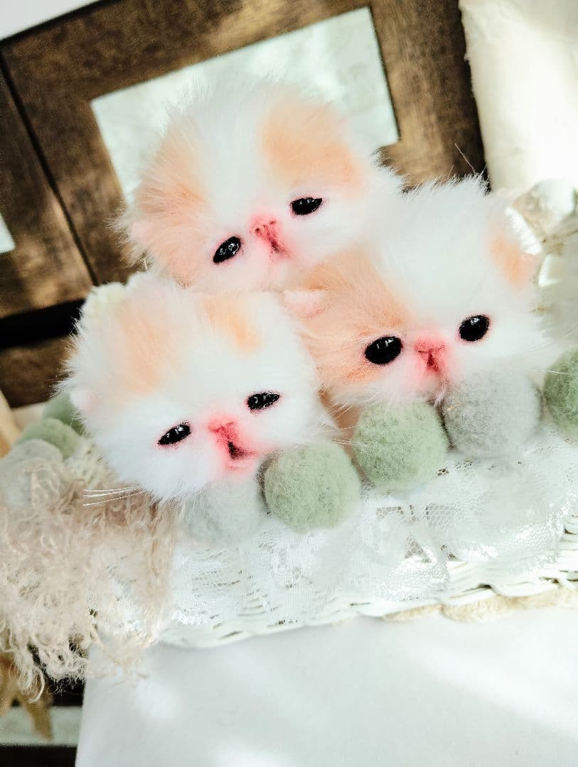 子猫ベビー♡三つ子ちゃん♡カゴセット♡アートドール♡ぬいぐるみ♡