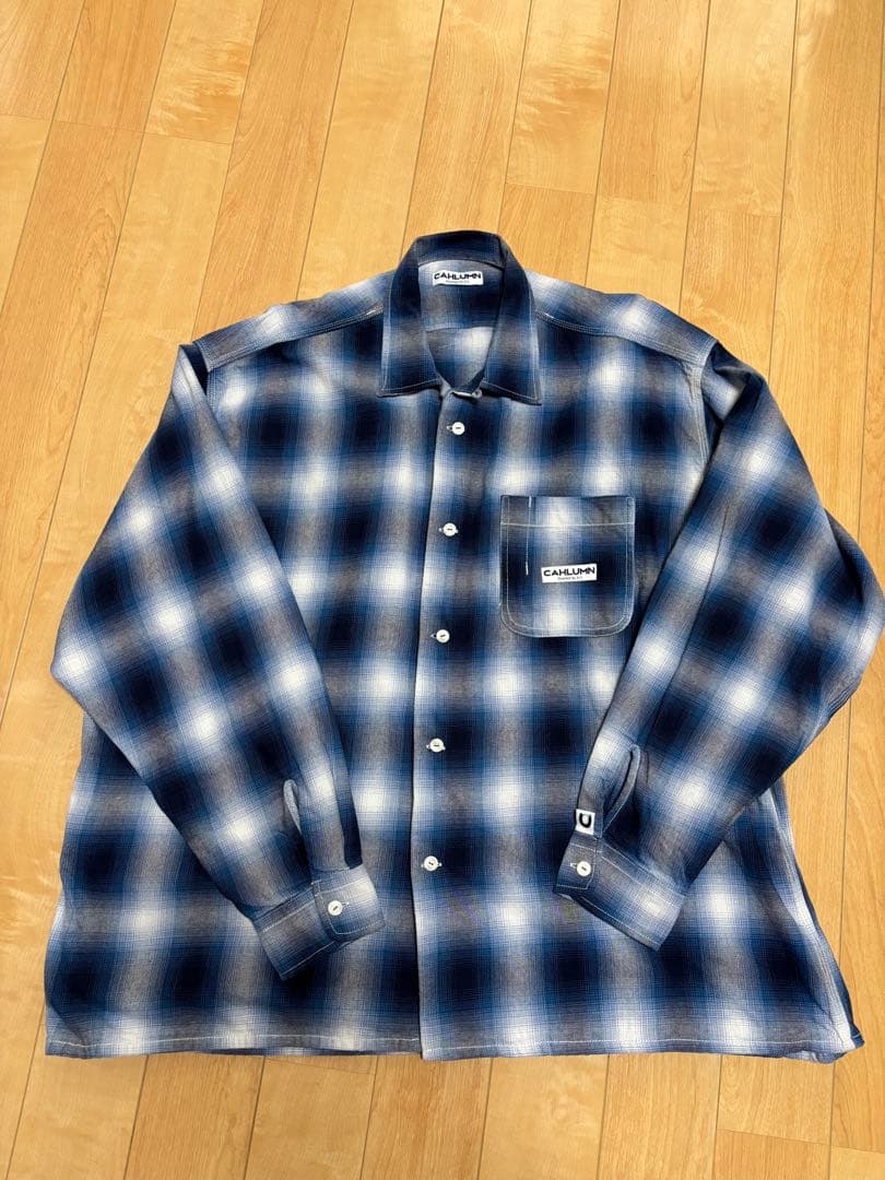 CAHLUMN オンブレチェック マガジンポケット オープンカラーシャツ L