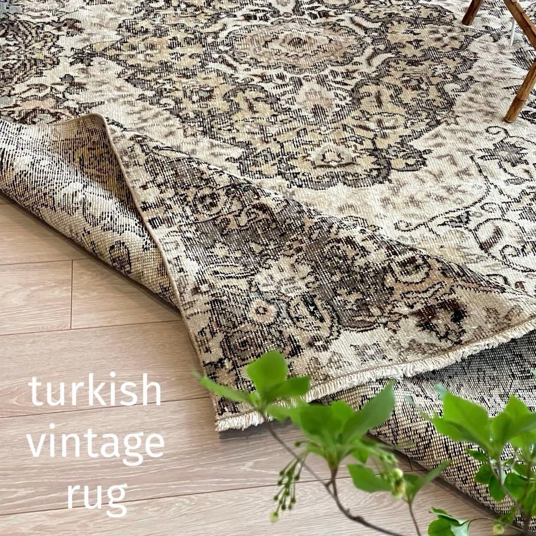 超大判168.5×276アンティークベージュ　メダリオン　トルコヴィンテージラグ