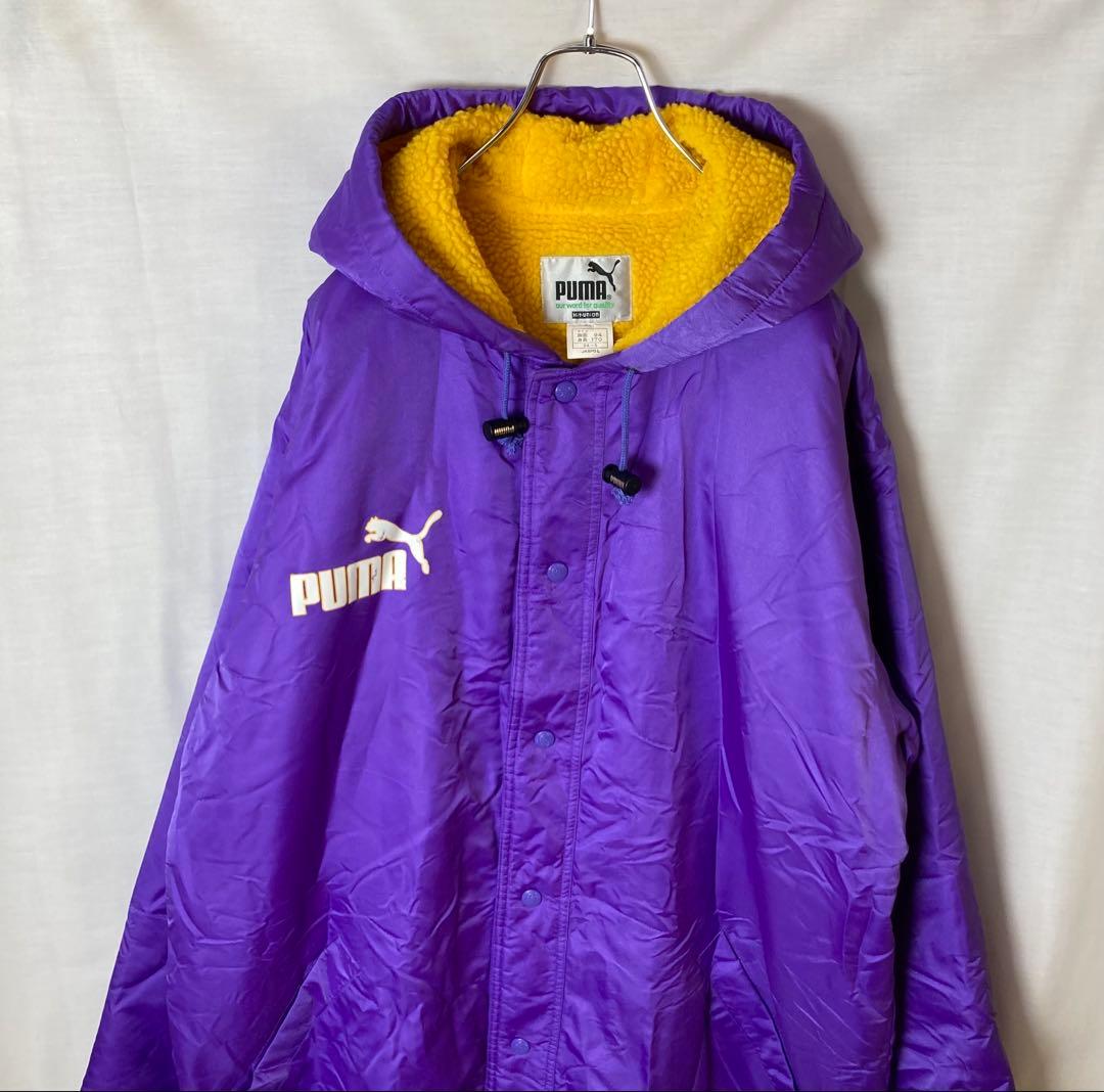 90s古着PUMAでかロゴ 裏ボア パープルナイロンベンチコート ビッグサイズ