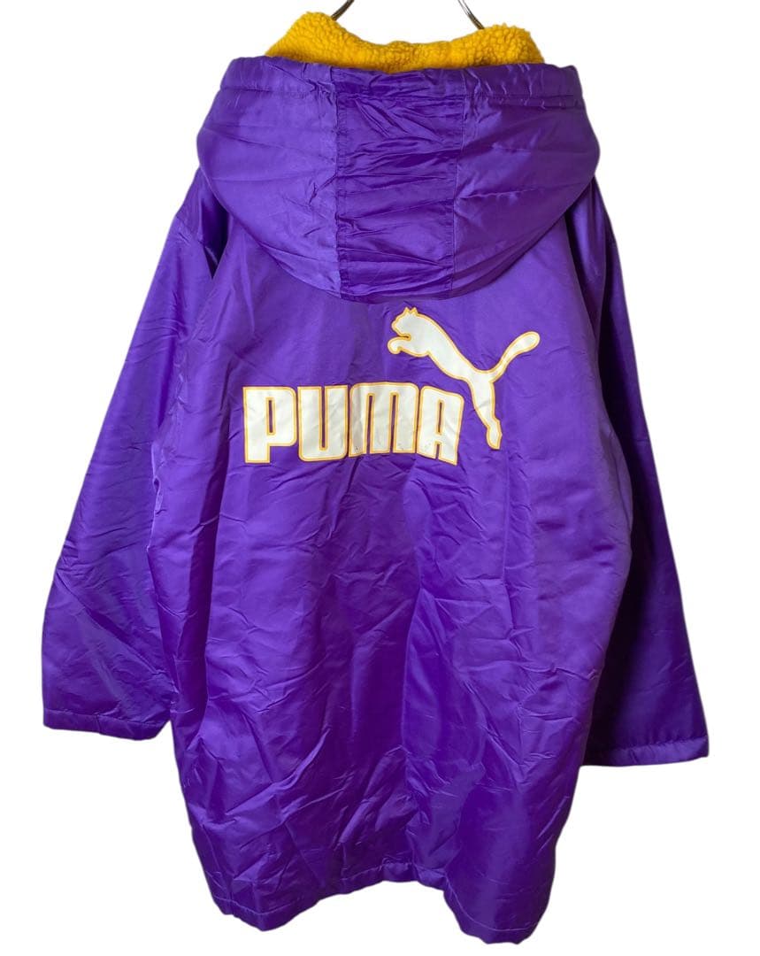 90s古着PUMAでかロゴ 裏ボア パープルナイロンベンチコート ビッグサイズ