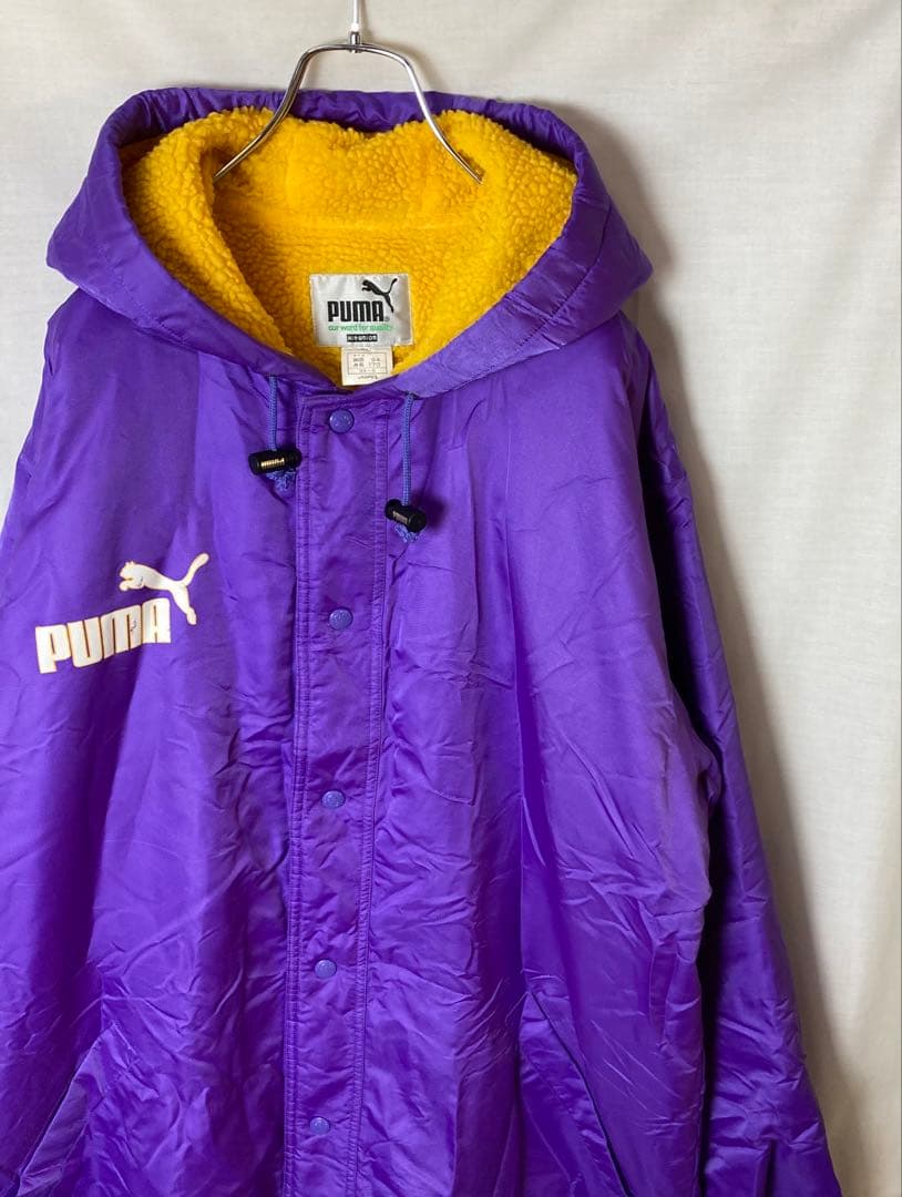 90s古着PUMAでかロゴ 裏ボア パープルナイロンベンチコート ビッグサイズ
