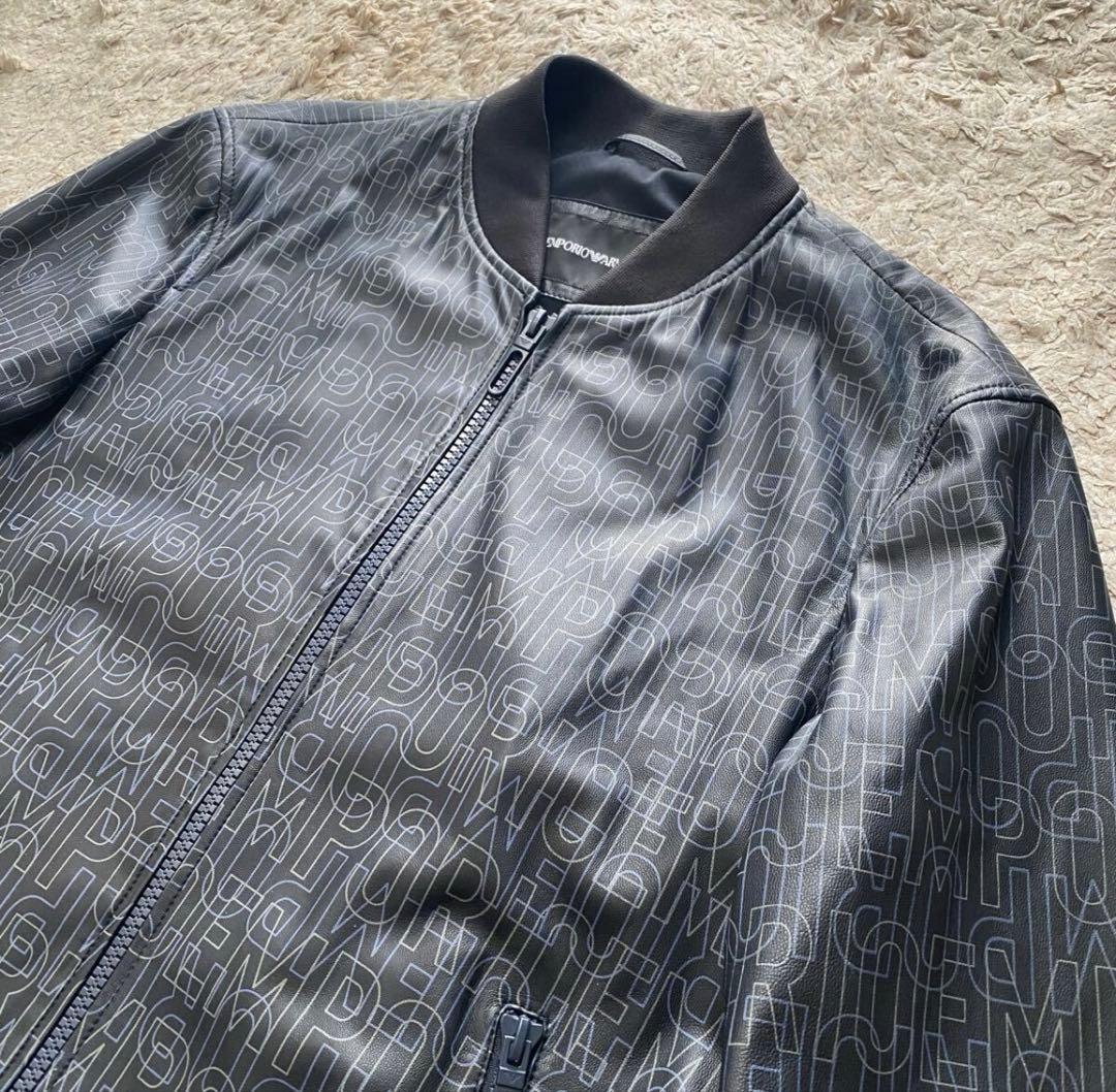 未使用に近い✨エンポリオアルマーニ レザージャケット ロゴ総柄 ブルゾン 黒