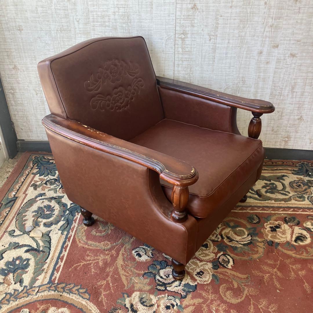 昭和レトロ オールドカリモク 古家具 一人掛けレザーソファー アームチェア 装飾