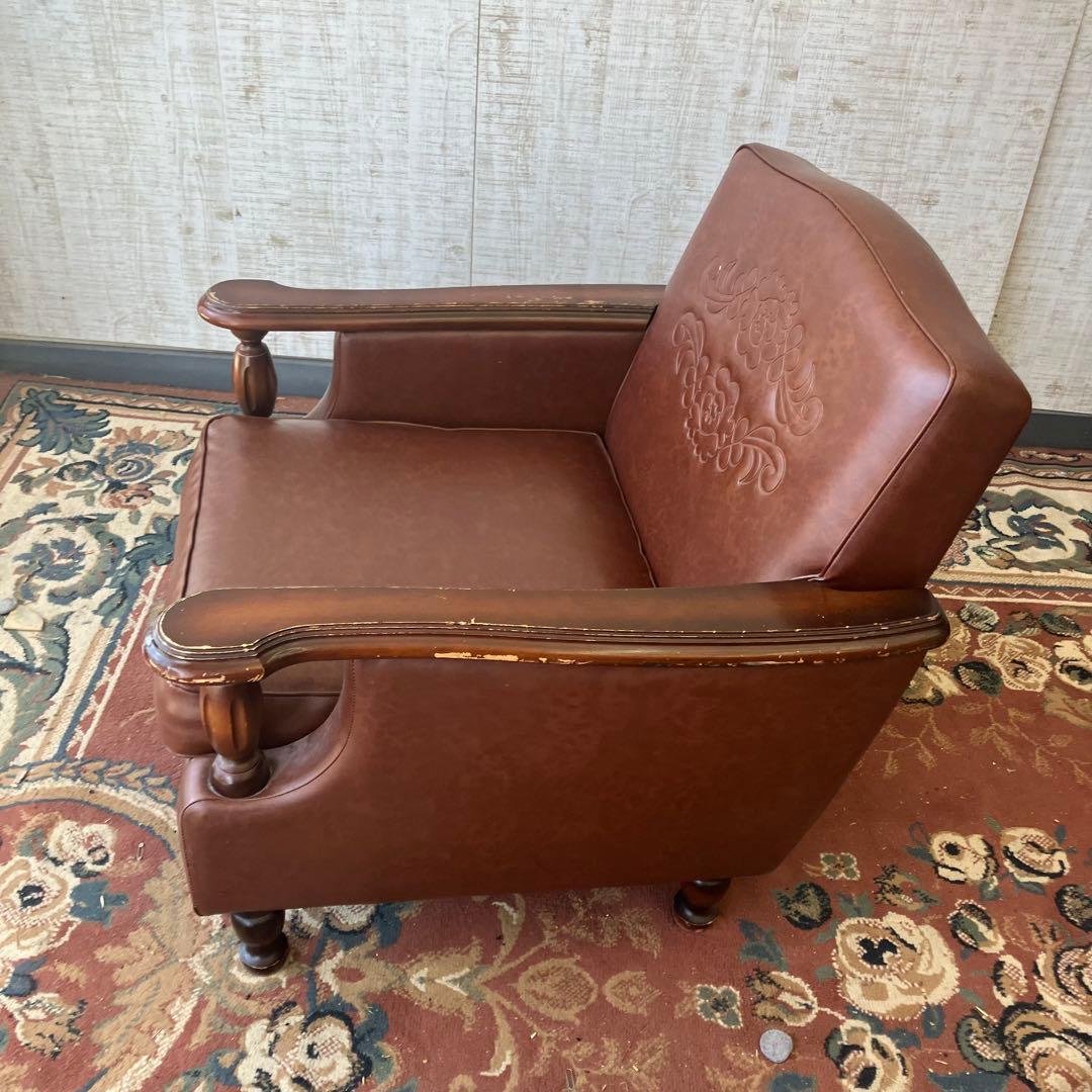 昭和レトロ オールドカリモク 古家具 一人掛けレザーソファー アームチェア 装飾