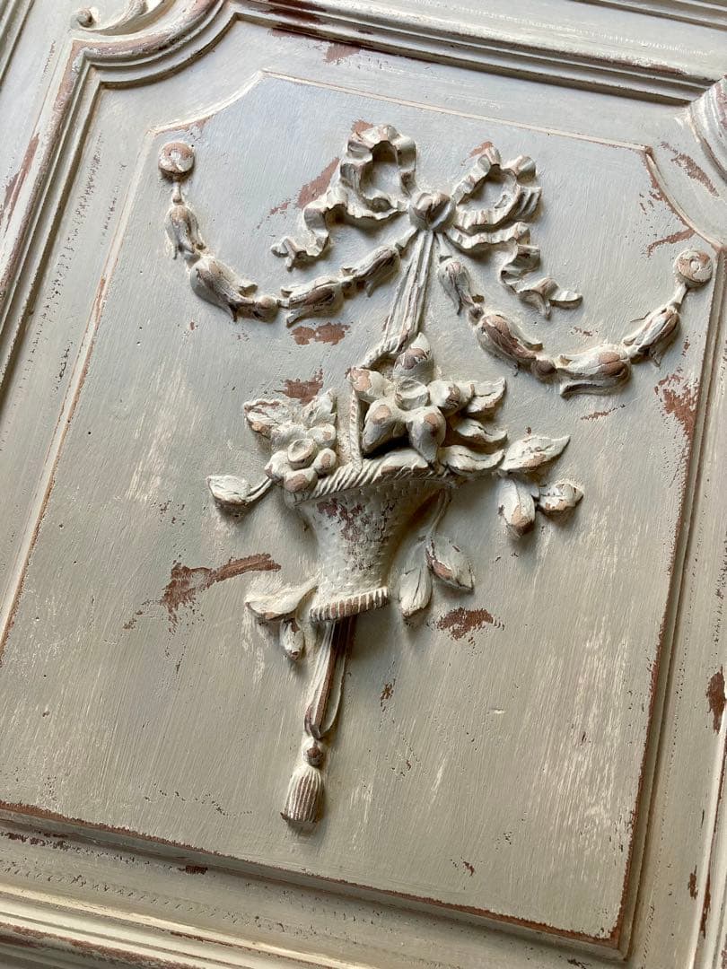 フランス アンティーク 花かご リボン 木製プレート家具装飾 フレンチグレー