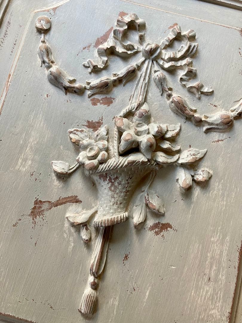 フランス アンティーク 花かご リボン 木製プレート家具装飾 フレンチグレー