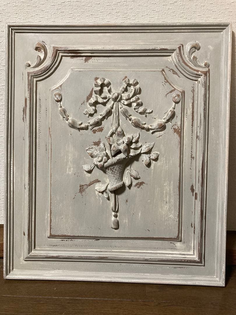 フランス アンティーク 花かご リボン 木製プレート家具装飾 フレンチグレー