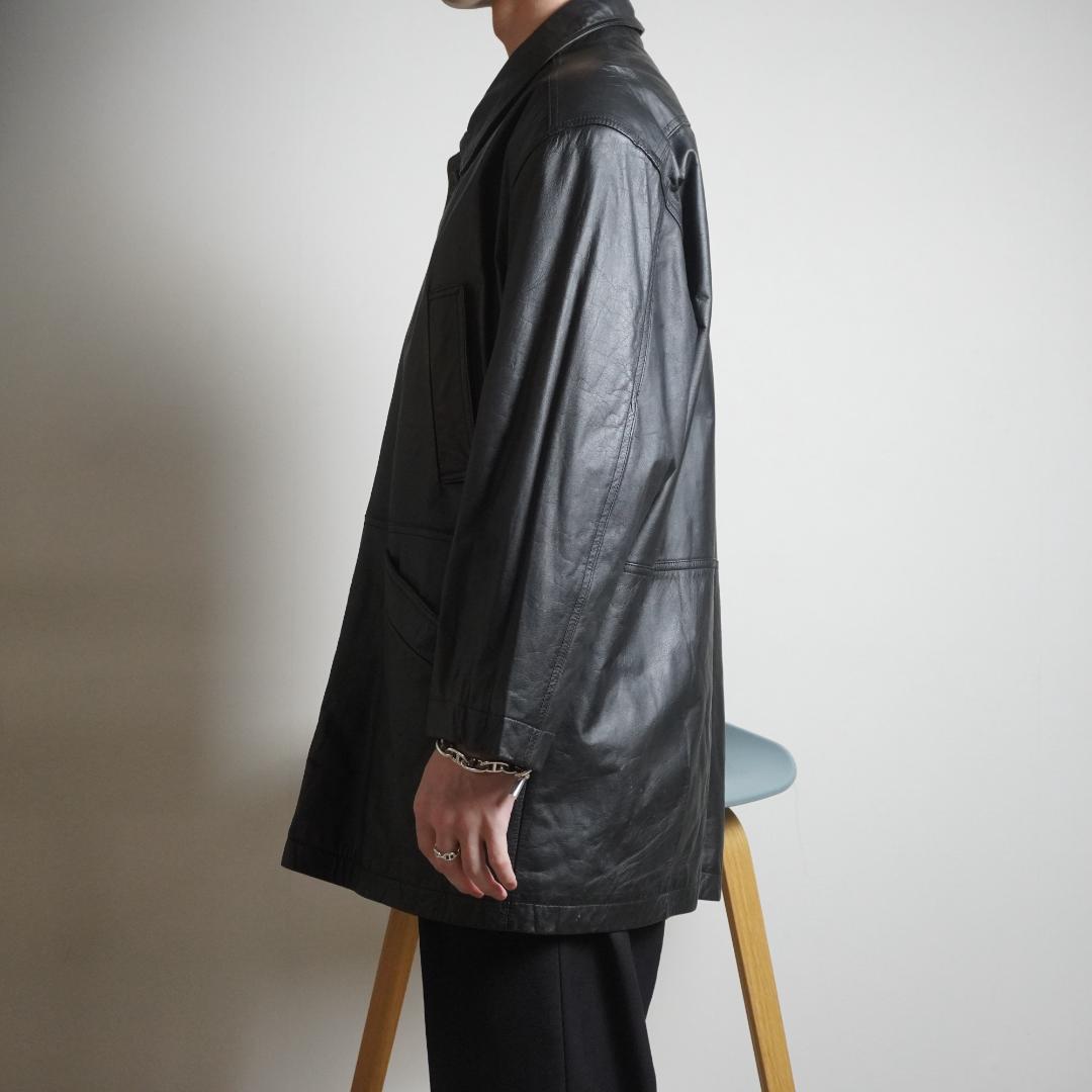 vintage レザージャケットコート 裏地キルティング ブラック/EZ81