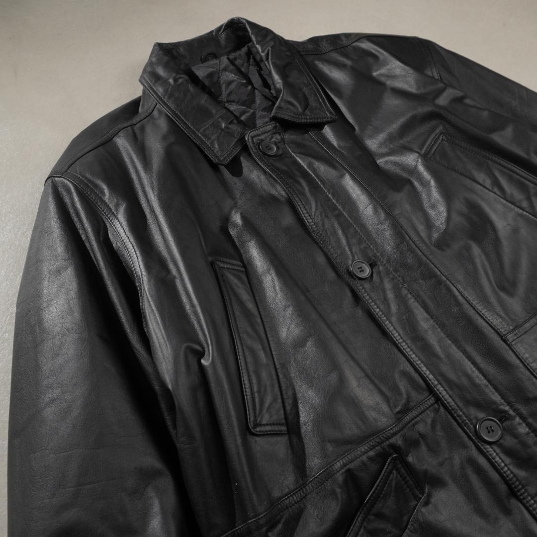 vintage レザージャケットコート 裏地キルティング ブラック/EZ81