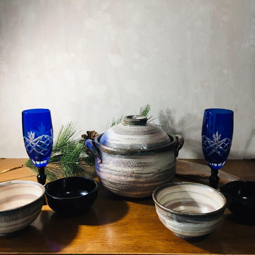 【新品未使用】橘吉　白刷毛目　ご飯鍋セット　 土鍋3合　中蓋付　茶碗　しゃもじ