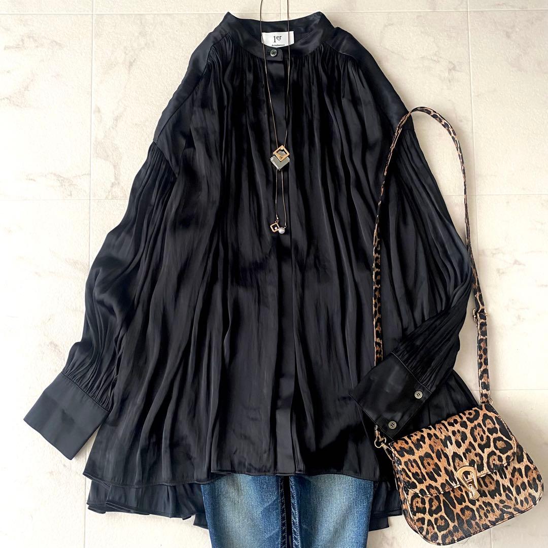 2024.美品☆プルミエアロンディスモン 洗える サテン ロングブラウス 黒