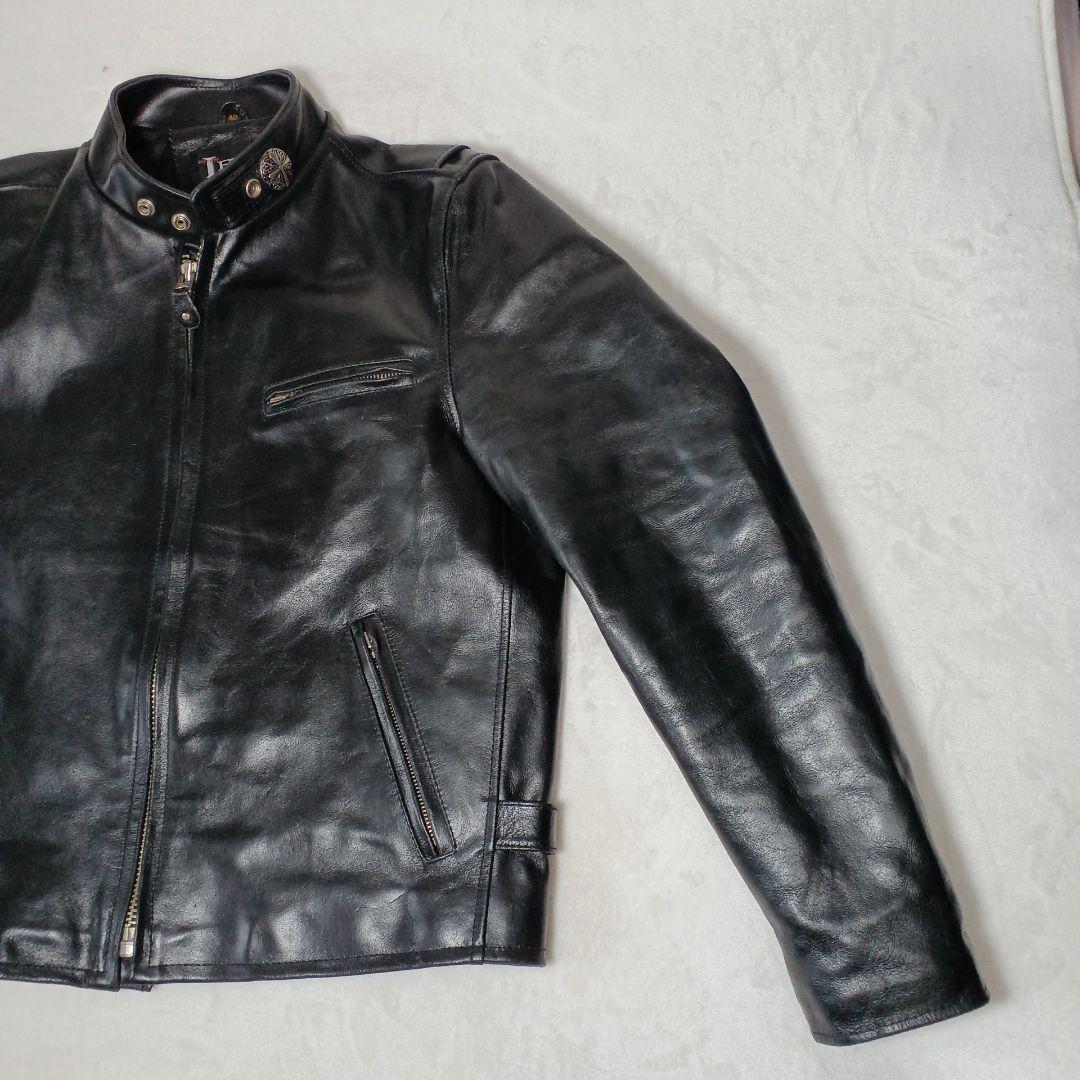 シングルライダースジャケット 襟飾　レザー革ジャン 黒　 Lサイズ