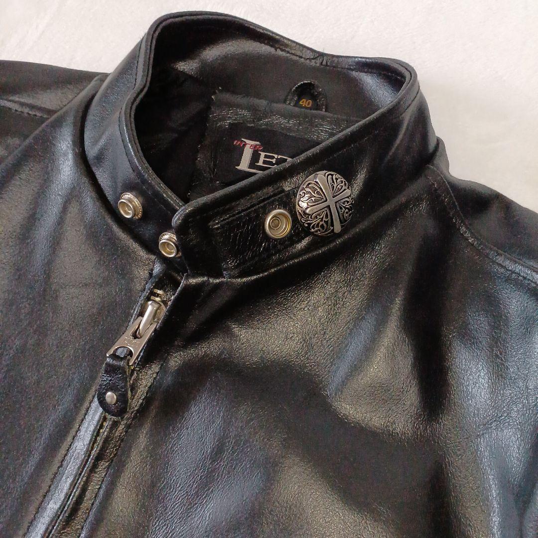 シングルライダースジャケット 襟飾　レザー革ジャン 黒　 Lサイズ