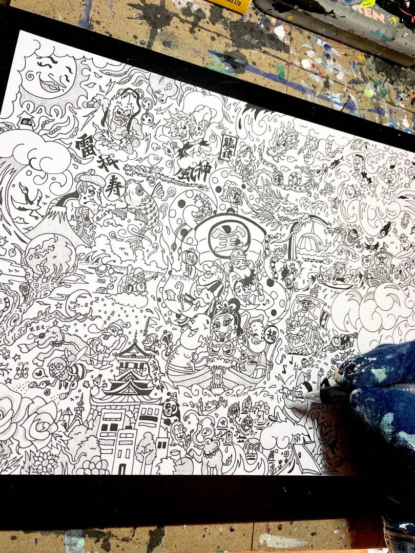 メレンゲ☆ オーダー品 「龍と海と七福神」 一発描き 絵画 龍ノツカイ