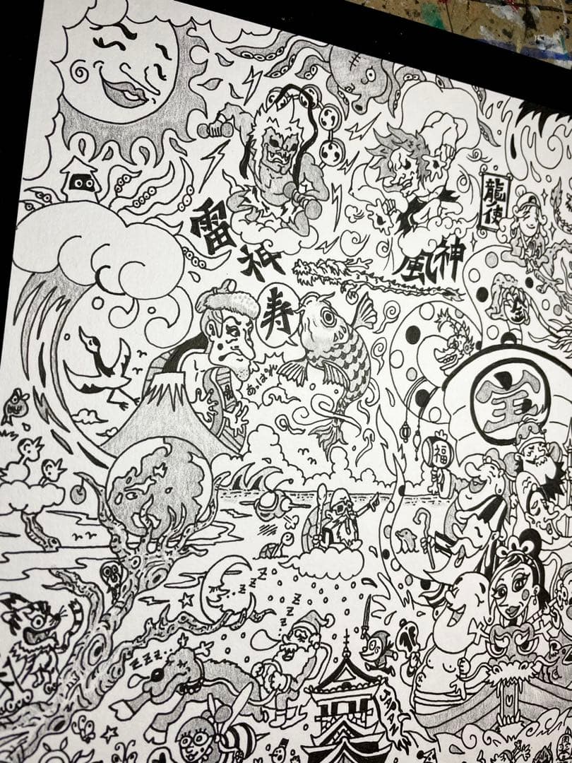 メレンゲ☆ オーダー品 「龍と海と七福神」 一発描き 絵画 龍ノツカイ