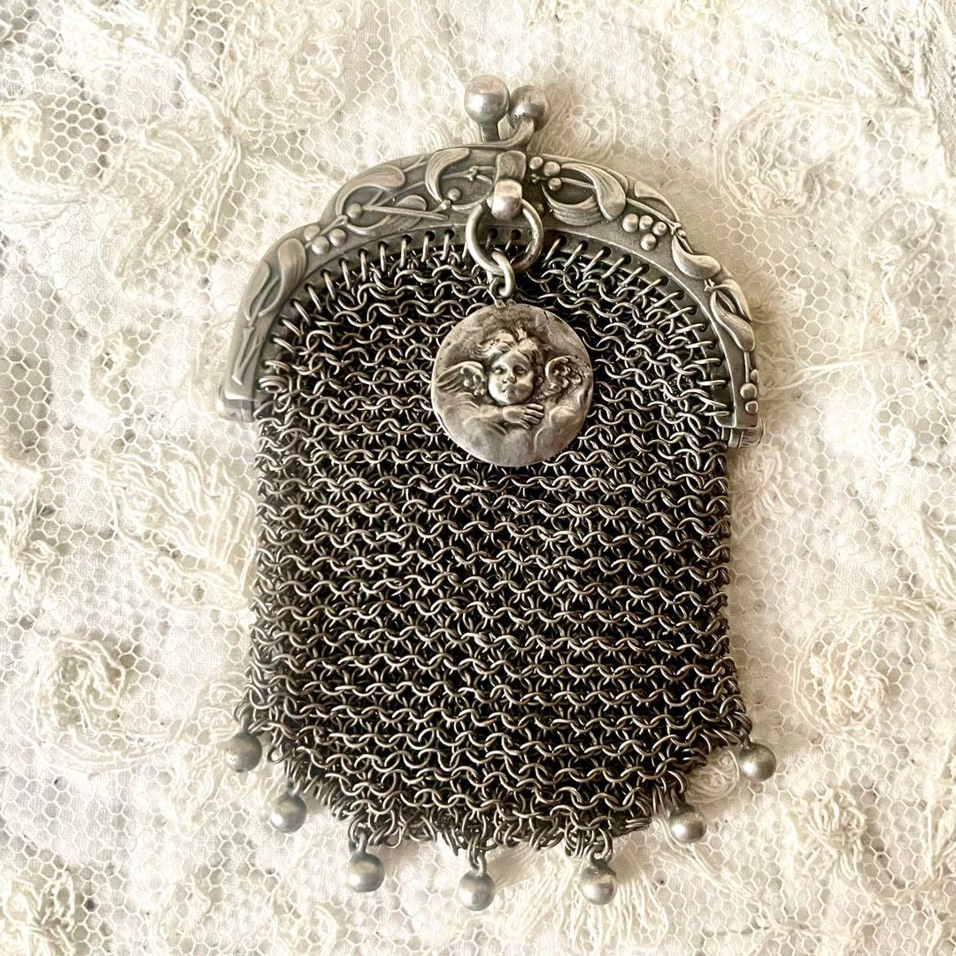 純銀製天使付きシルバーヤドリギモチーフパース仕切りありフランスアンティーク