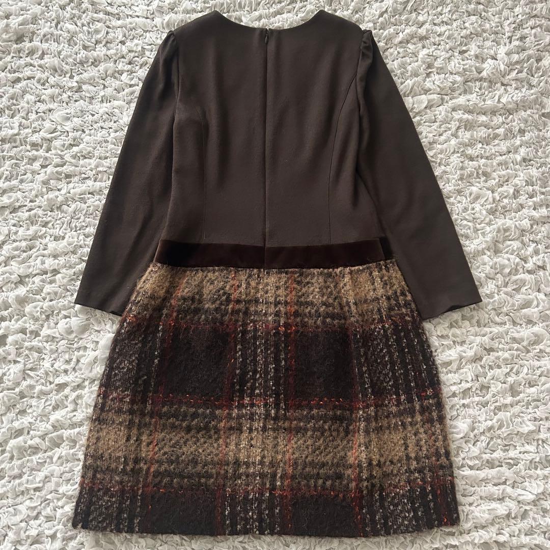 エムズグレイシー ドッキングワンピース L チェック柄 ベロア ブラウン 茶色