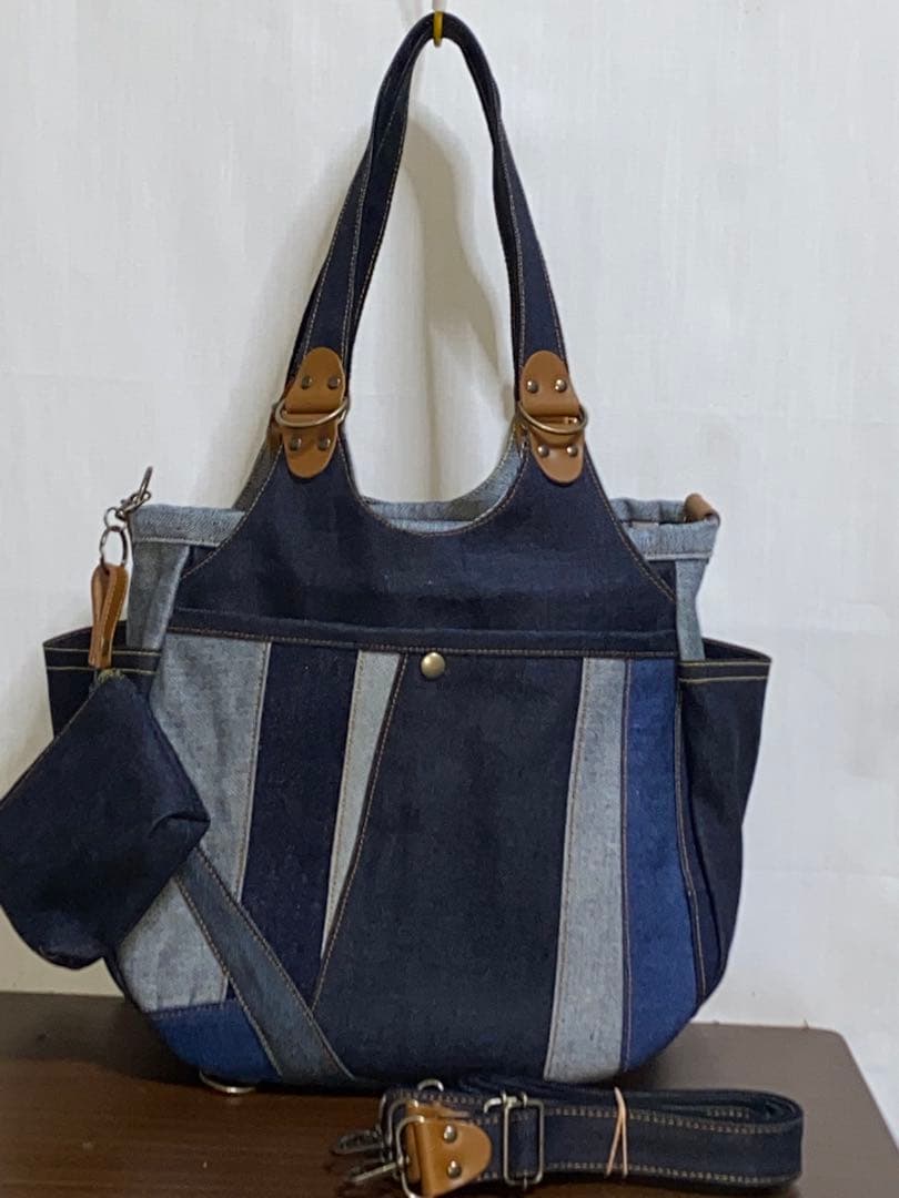 一点物☆パッチワーク☆岡山デニム4way♪あおりバッグ☆ポーチ付き