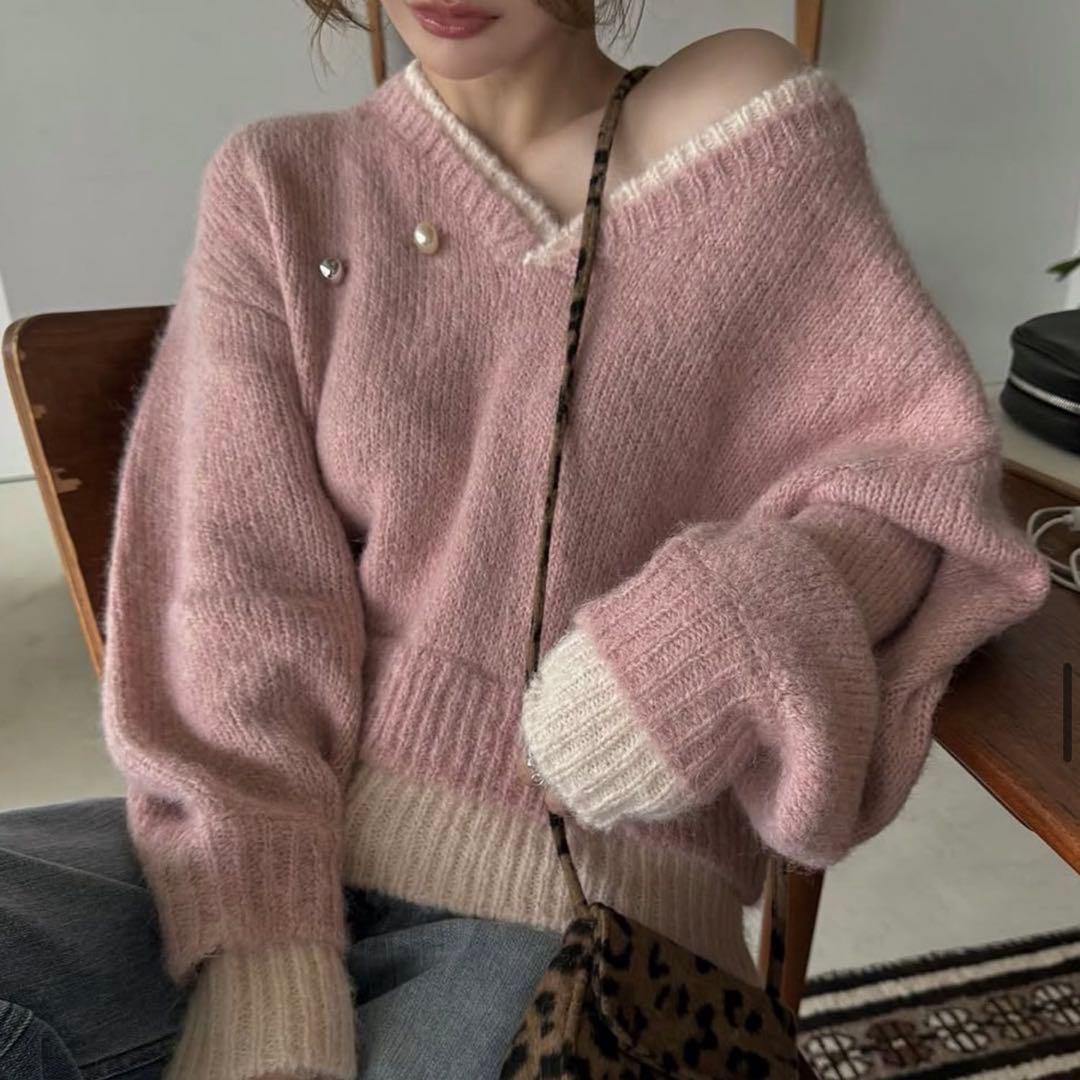 トップス double rib layered like broach knit