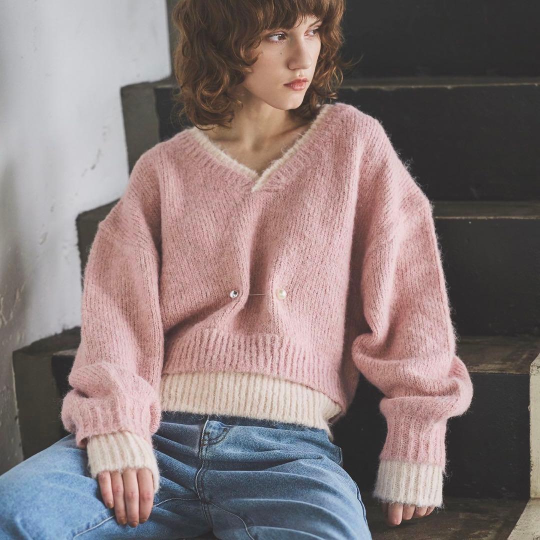 トップス double rib layered like broach knit