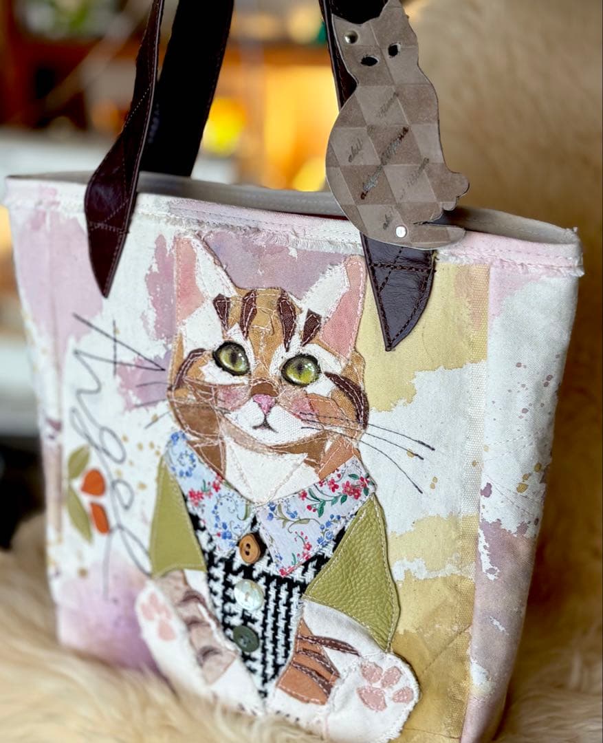 (手づくり)\"エンジェル茶トラ\"ねこのトートバッグ刺繍切り絵帆布ネコ