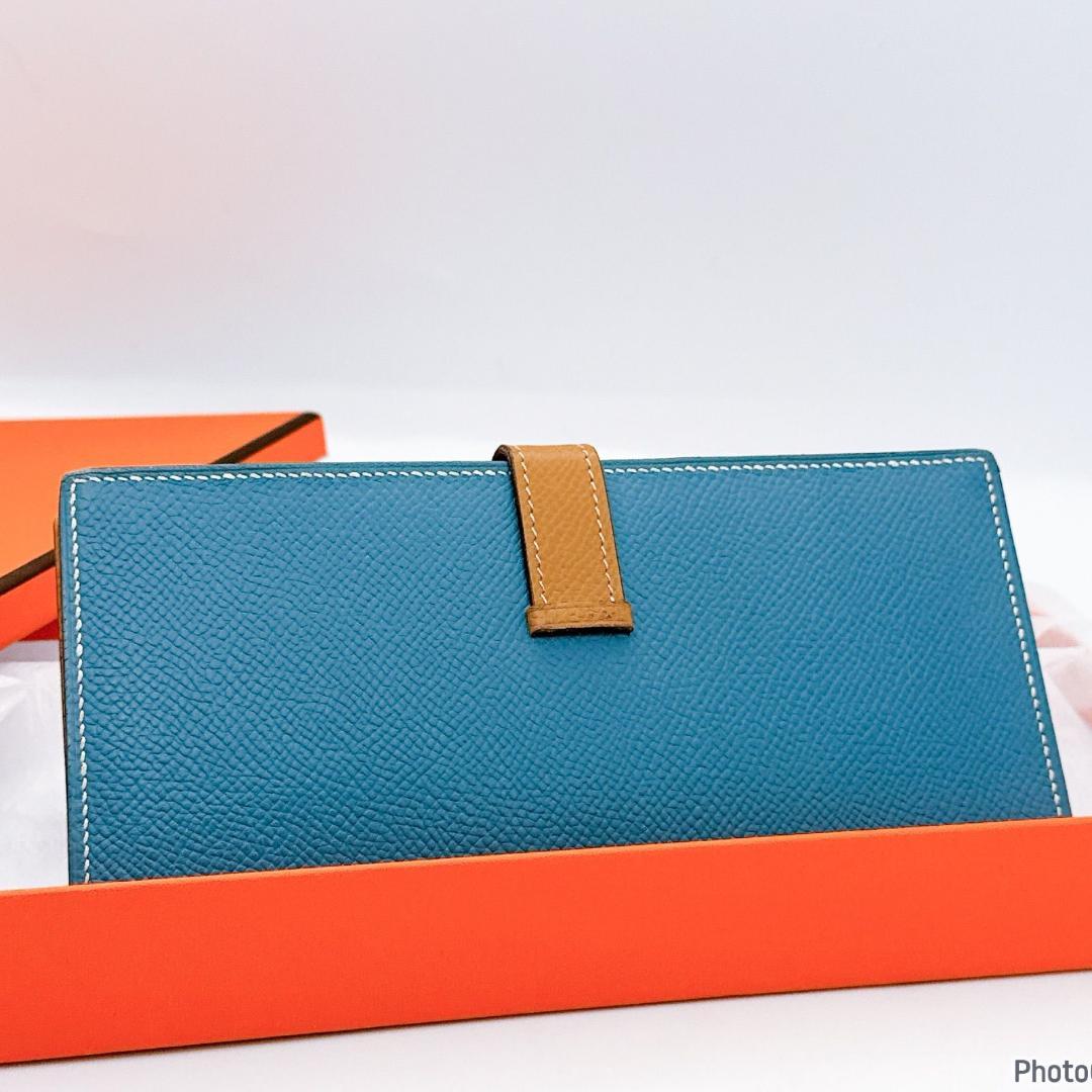 エルメス✨ベアン✨スフレ✨ブルージーン　ゴールド✨二つ折り長財布203