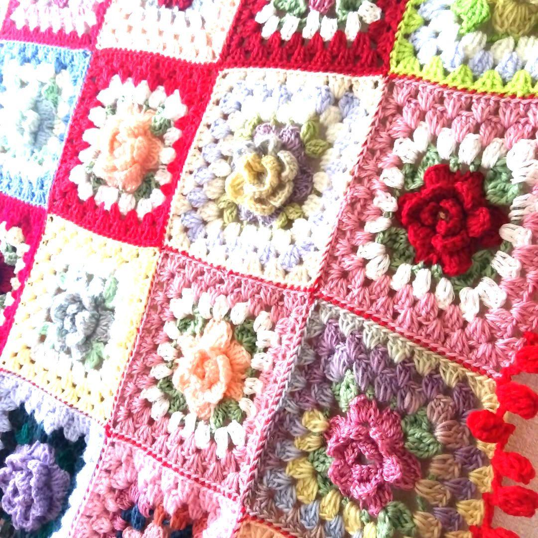 ブランケット ベットカバーカラフルなお花のグラニースクエア