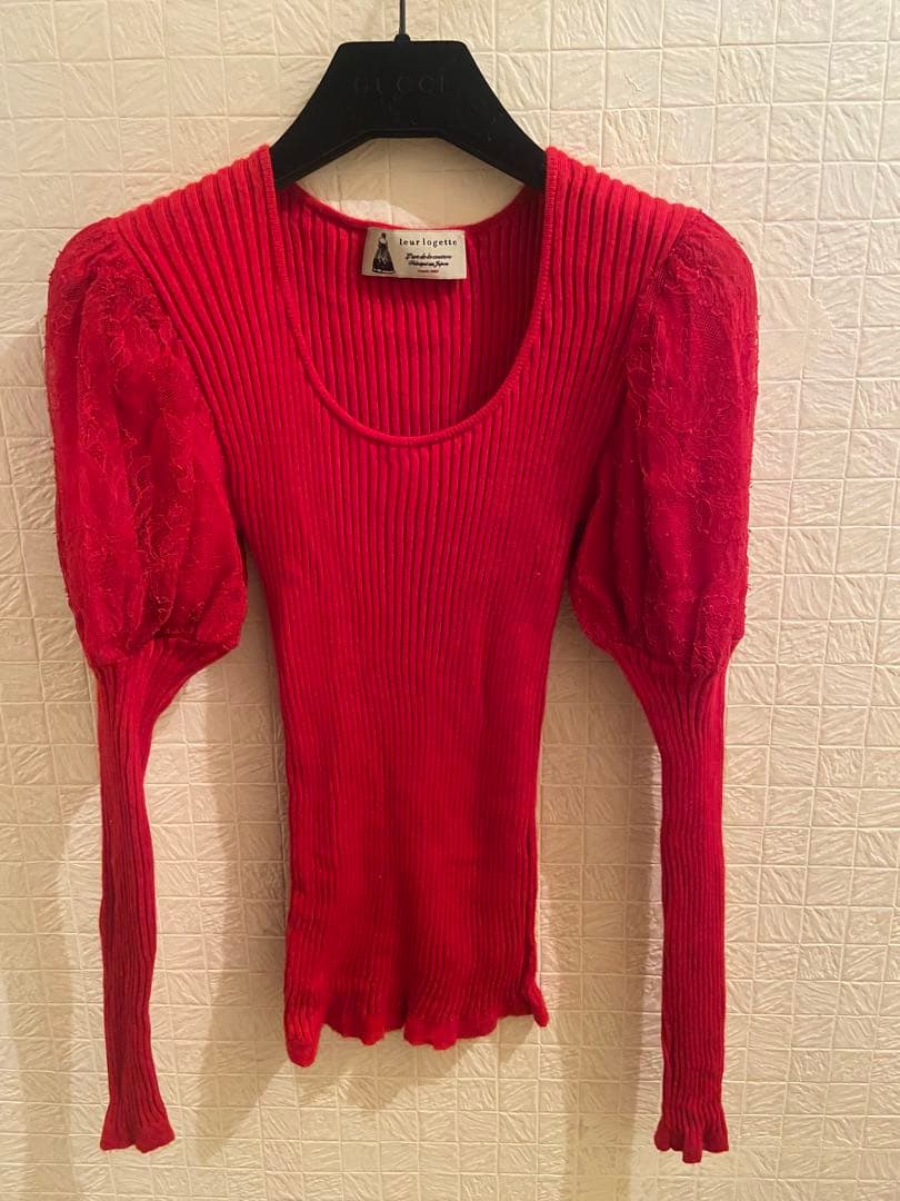 leur logette リブニット パフスリーブ レース カシミヤ　シルク