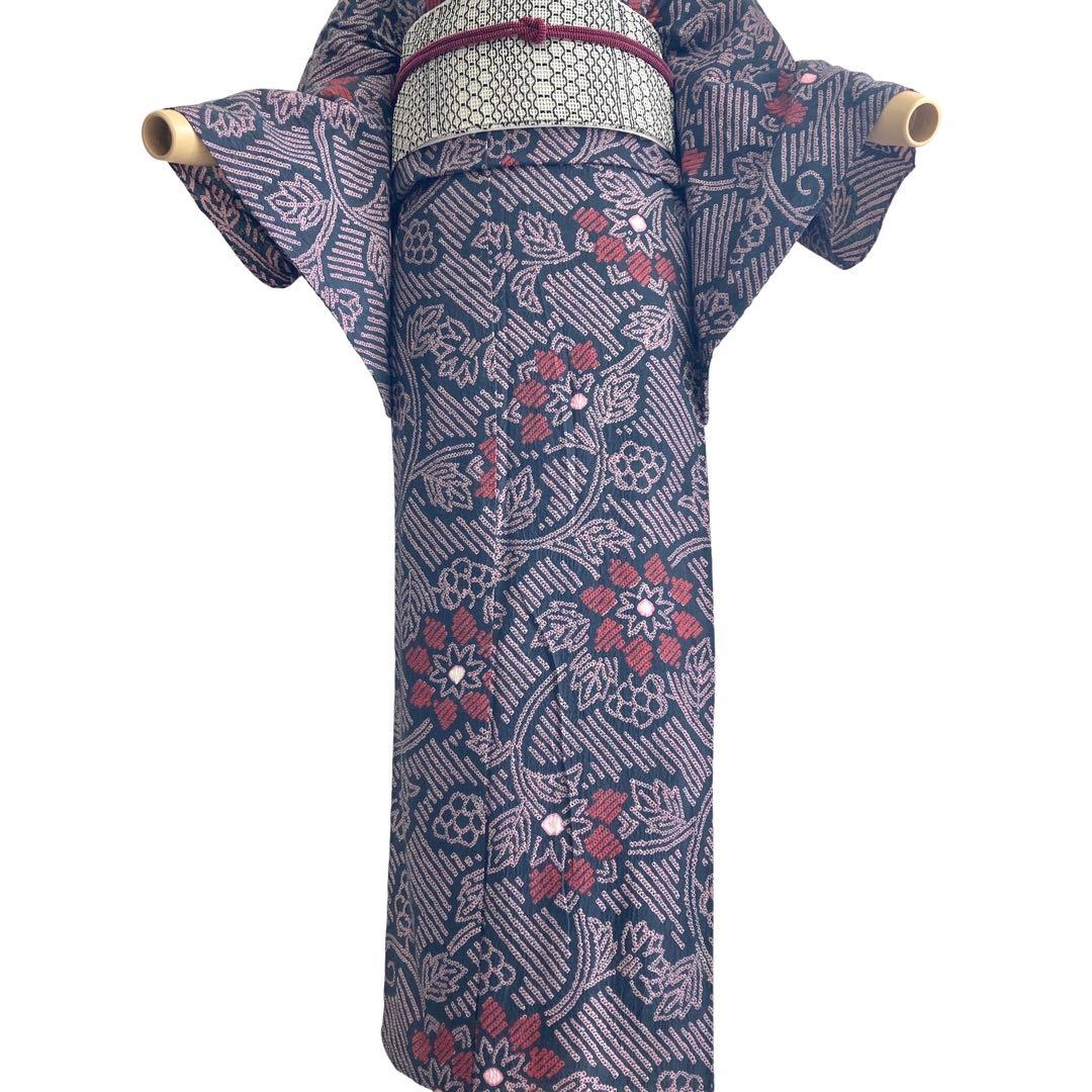 ★みっこ ★™️91/33 身丈160 濃グレー ピンク 有松絞り 絞り浴衣