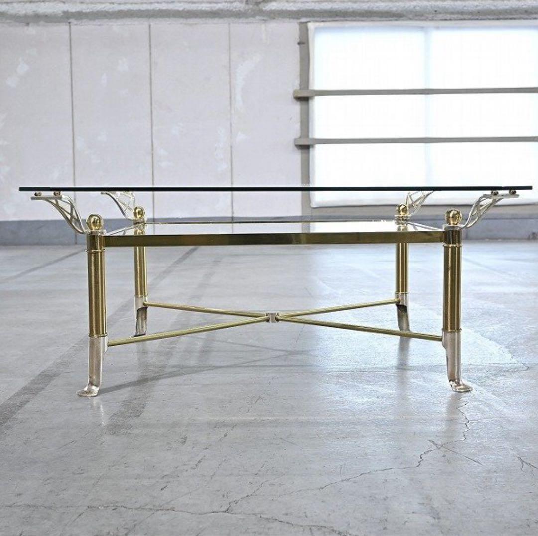 ★アンティーク調 ガラステーブル 真鍮 クローム脚 スクエア ロー コーヒー