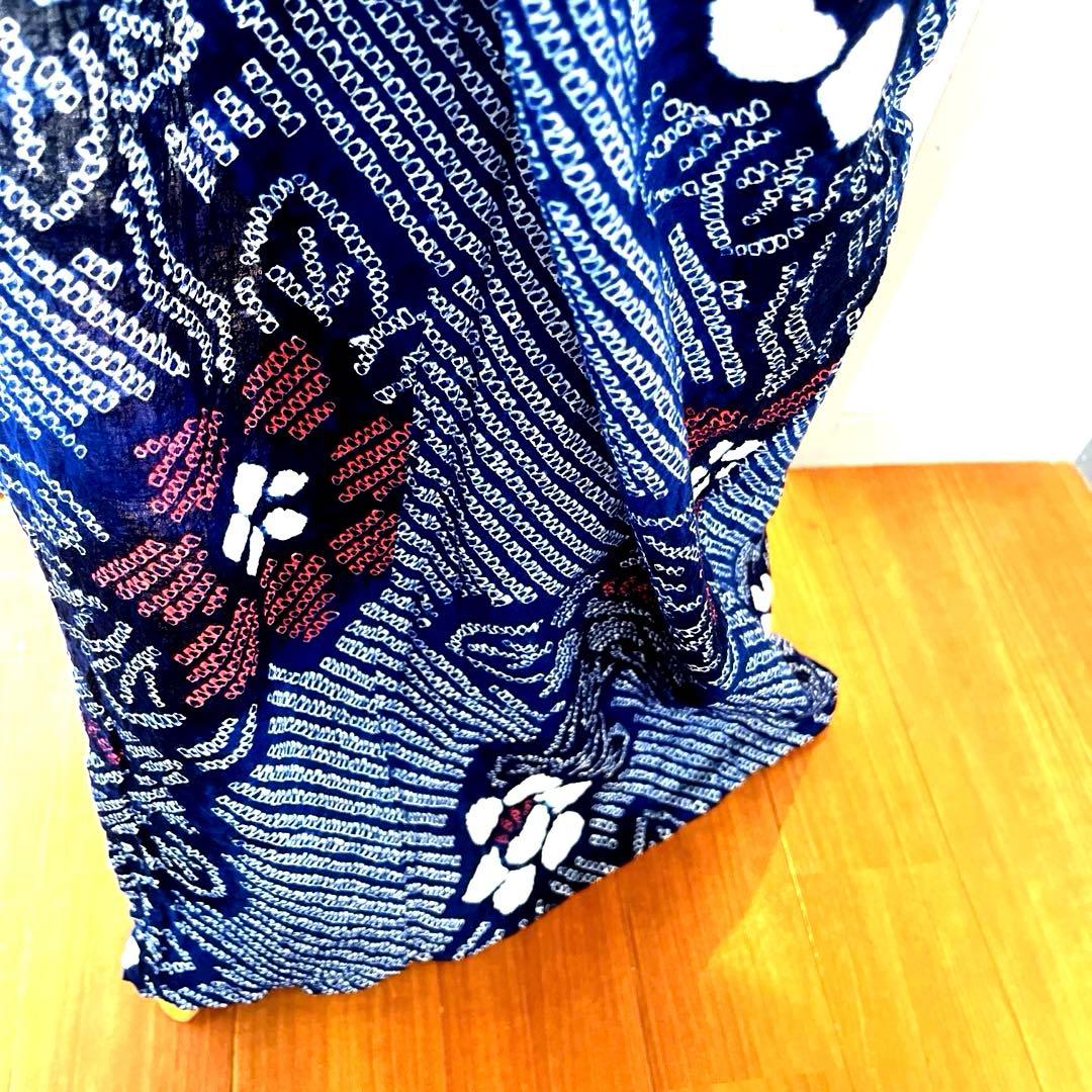 有松鳴海絞り 夏着物浴衣 手縫い仕立て 花繋ぎ 青 ブルー 美品