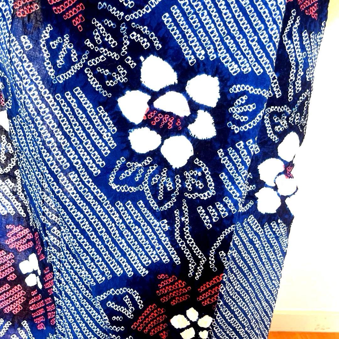 有松鳴海絞り 夏着物浴衣 手縫い仕立て 花繋ぎ 青 ブルー 美品