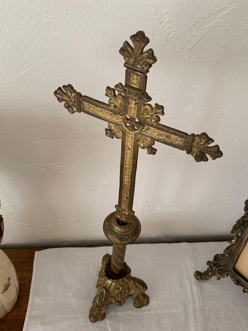 フランスアンティーク　十字架　置物　金属製　ブロカント