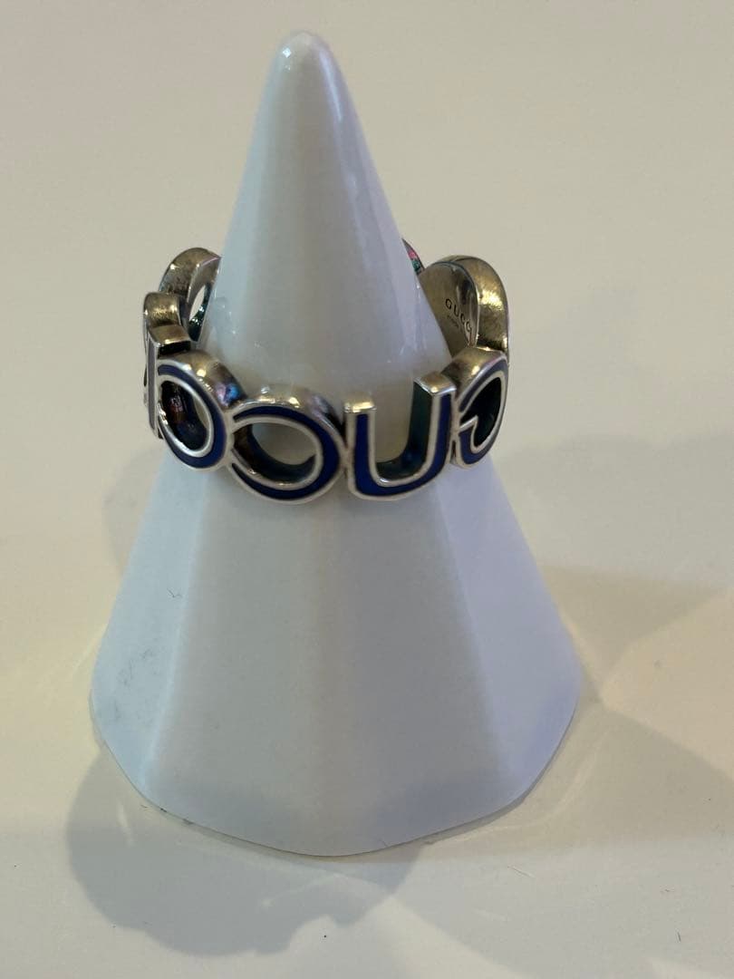 GUCCI シルバー ブルー ロゴリング　18号