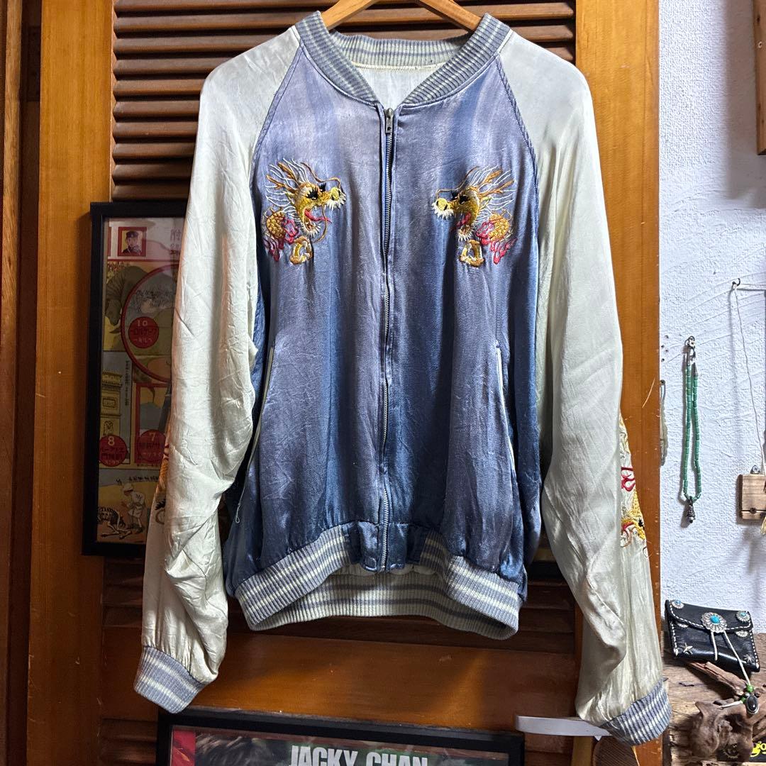 リバーシブルスカジャン双龍&舞妓&JAPAN Mapブルーフェードナス紺。